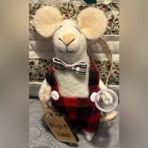 Wool Felted Mouse Ready for a Night Cap Bow Tie Checkered Suspenders